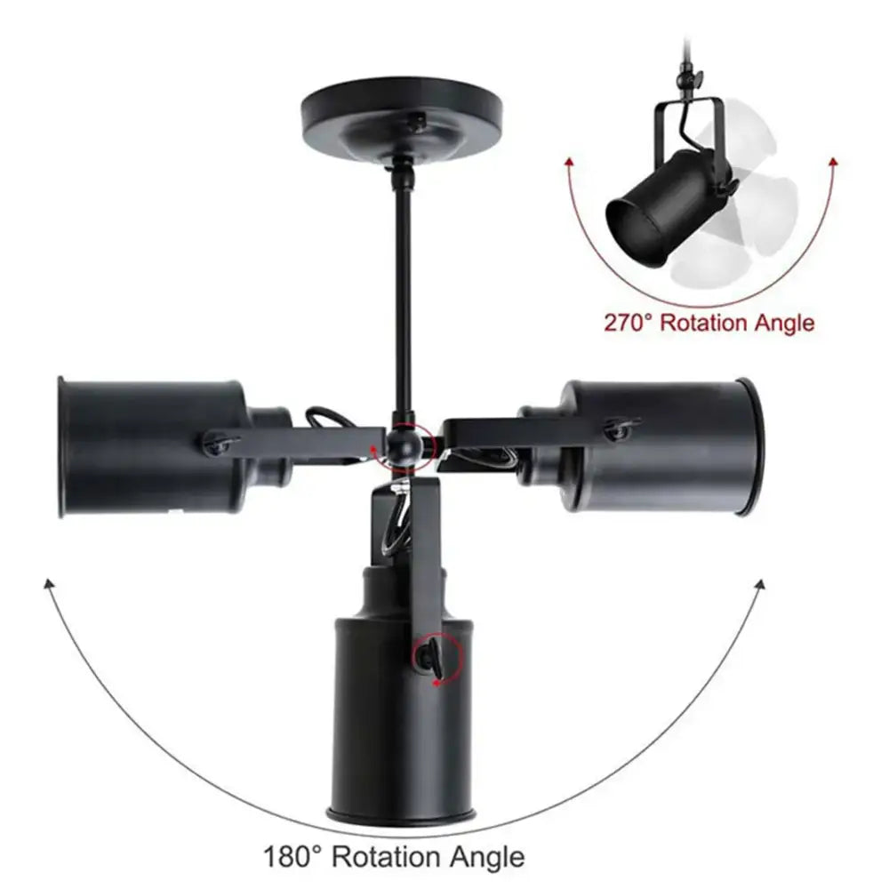 Industrial vintage black ceiling lights featuring a black metal spotlight fixture with three adjustable rotating heads