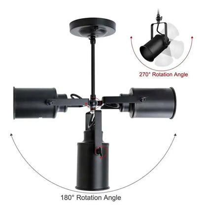 Industrial vintage black ceiling lights featuring a black metal spotlight fixture with three adjustable rotating heads
