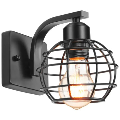 Industrial vintage black iron cage wall light with glowing filament bulb for bedroom decorbites wall light