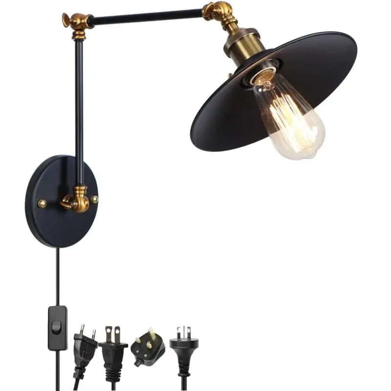 Black iron industrial vintage wall light with brass accents and Edison bulb for bedroom decorbites black iron style