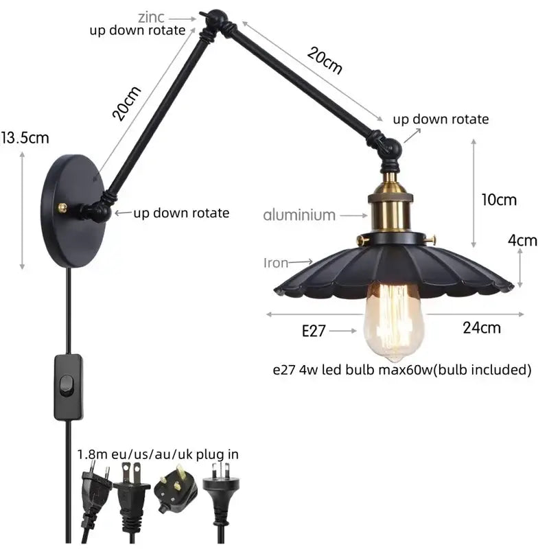 Industrial vintage black iron wall light with adjustable long arm black zinc and aluminum sconce decorbites black iron