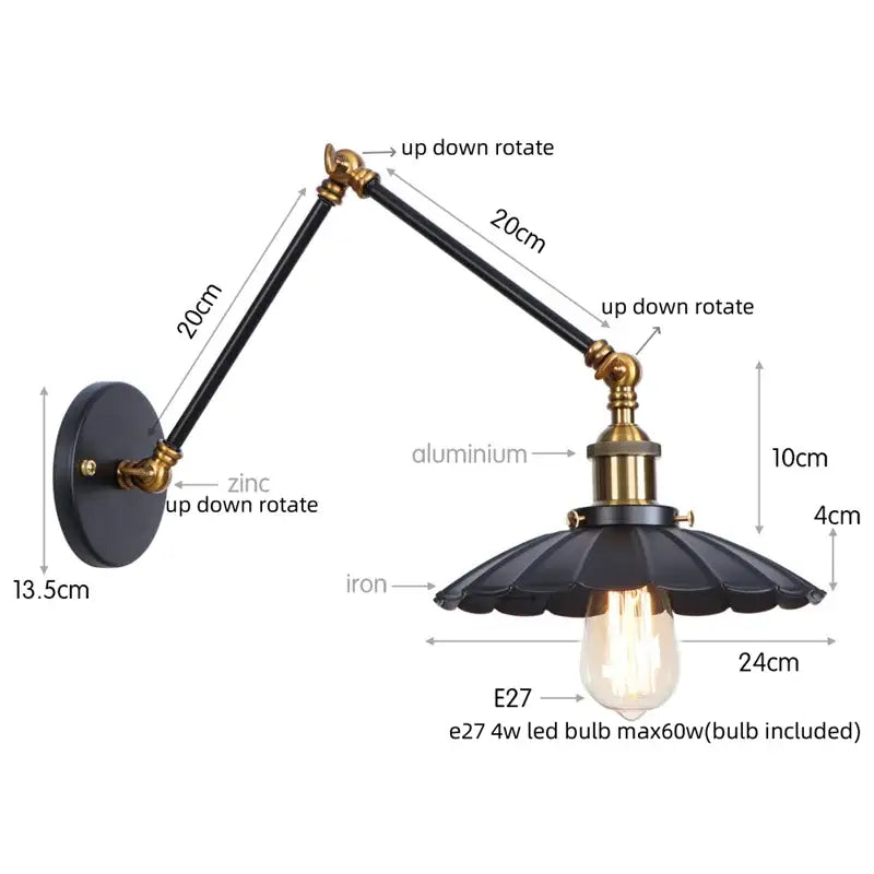 Industrial vintage black iron wall light with brass accents and adjustable long arms for decorbites black iron style