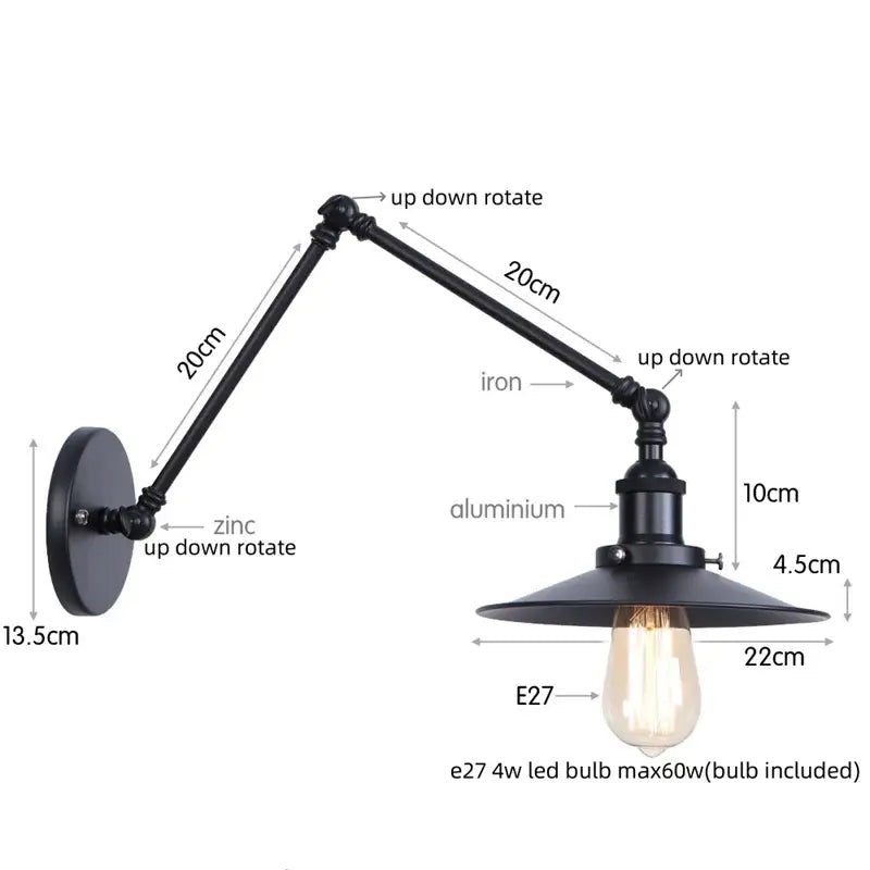 Industrial vintage black iron wall light with adjustable long arm zinc and aluminum featuring vintage edison bulb for decorbites black iron