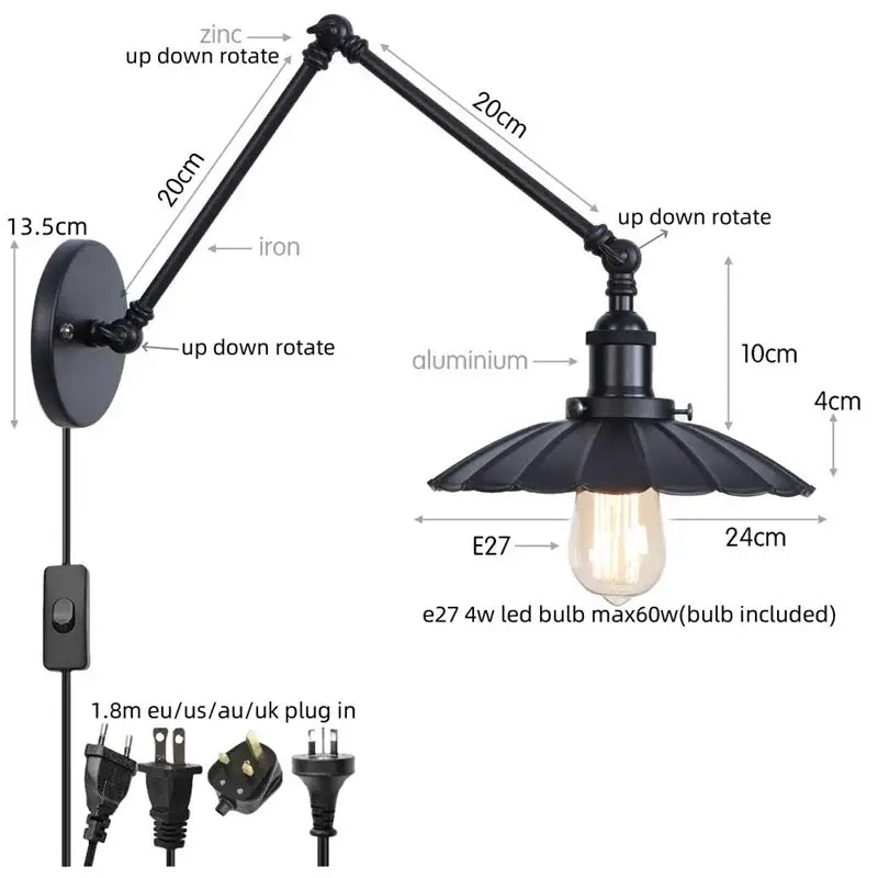 Industrial vintage black iron wall light with adjustable long arm and fluted shade by decorbites black iron wall light