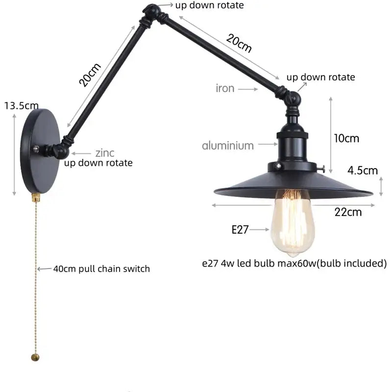 Black iron industrial vintage wall light with adjustable long arm matte shade and exposed edison bulb decorbites black iron