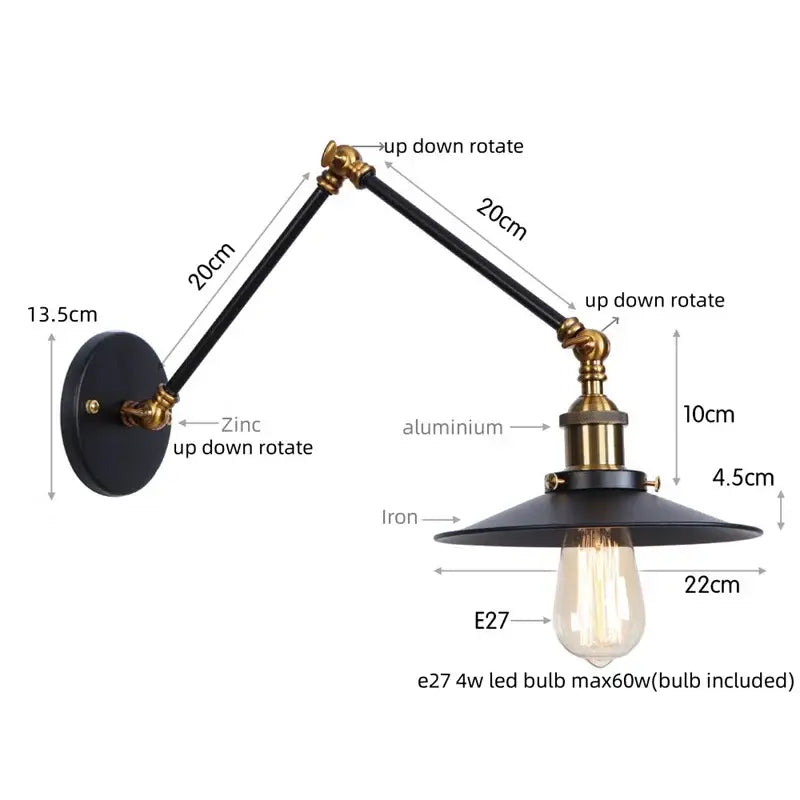Industrial vintage black iron wall light with adjustable long arm featuring black zinc and brass accents for decorbites black iron