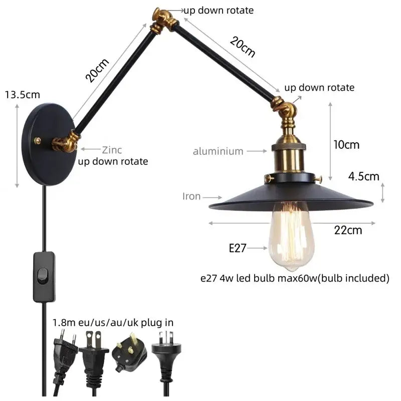 Industrial vintage black iron wall light with adjustable long arm and brass Edison bulb for bedroom decorbites black iron