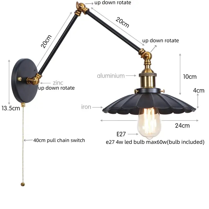 Industrial vintage black iron wall light with adjustable long arm and fluted brass shade decorbites black iron