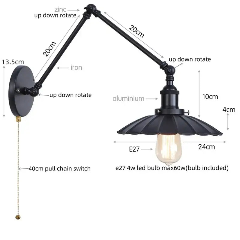 Industrial vintage black iron wall light with adjustable long arm and fluted shade decorbites black iron design