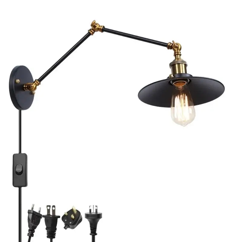 Industrial vintage black iron wall light with brass accents and exposed Edison bulb for bedroom decorbites black iron