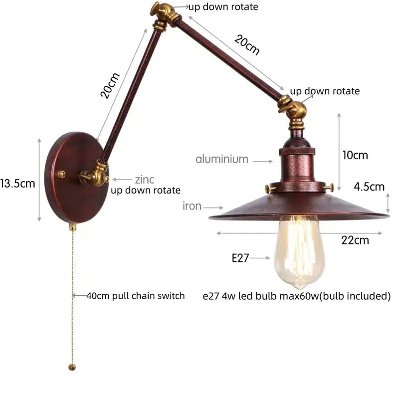 Industrial vintage black iron wall light with adjustable long arm and dark bronze finish featuring vintage edison bulb