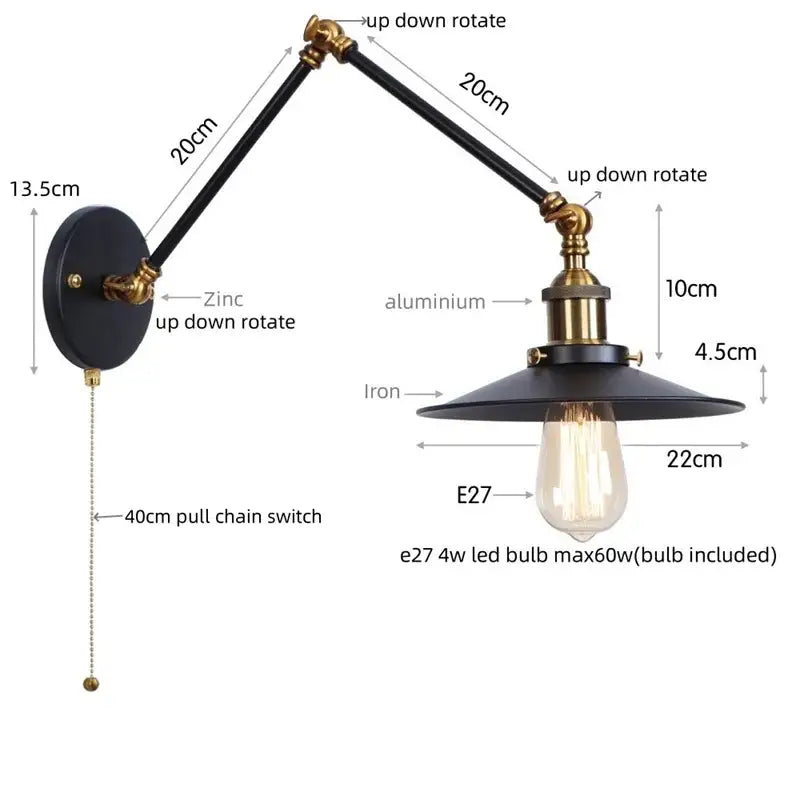 Industrial vintage black iron wall light with adjustable long arm and brass details featuring a vintage edison bulb