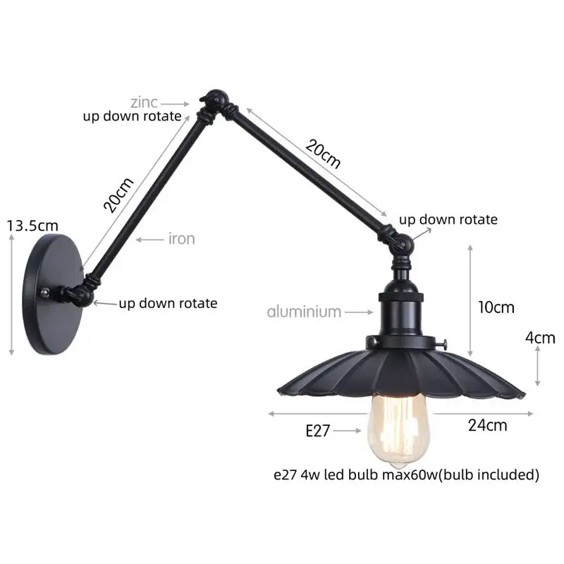 Industrial vintage black iron wall light with adjustable long arm and fluted shade for bedroom decorbites black iron style