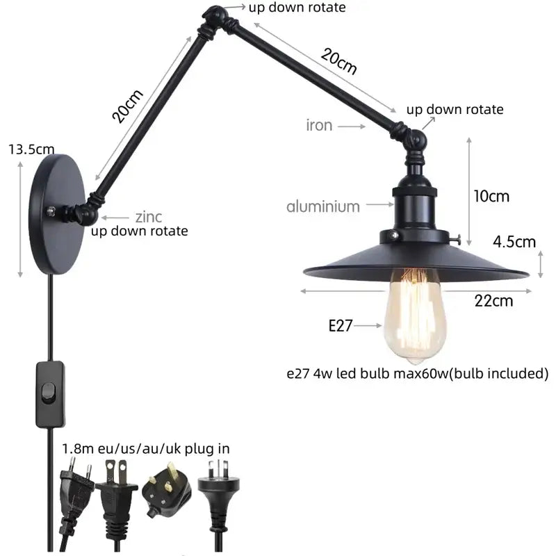 Black iron industrial vintage wall light with adjustable long iron and aluminum arms and matte shade for bedroom decorbites black iron