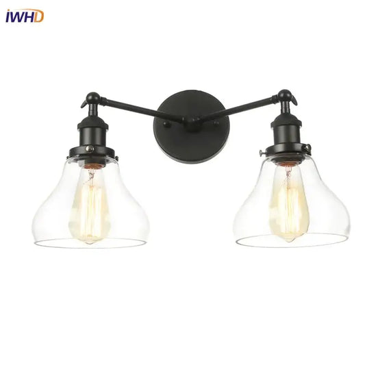 Black wrought iron industrial vintage black led wall lamp with clear glass bell shades and exposed filament bulbs