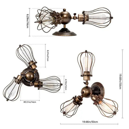 Industrial vintage ceiling light with brass finish and black metal cages featuring three exposed bulbs for dining room decorbites industrial vintage
