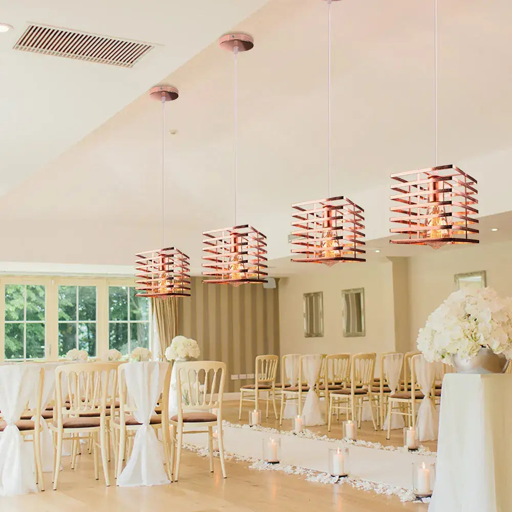 Copper-colored square pendant light with geometric lattice design for decorbites industrial vintage led dining room set