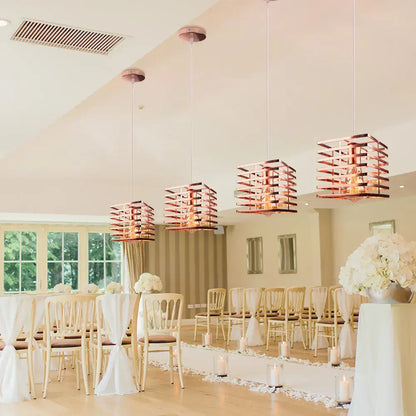 Copper-colored square pendant light with geometric lattice design for decorbites industrial vintage led dining room set