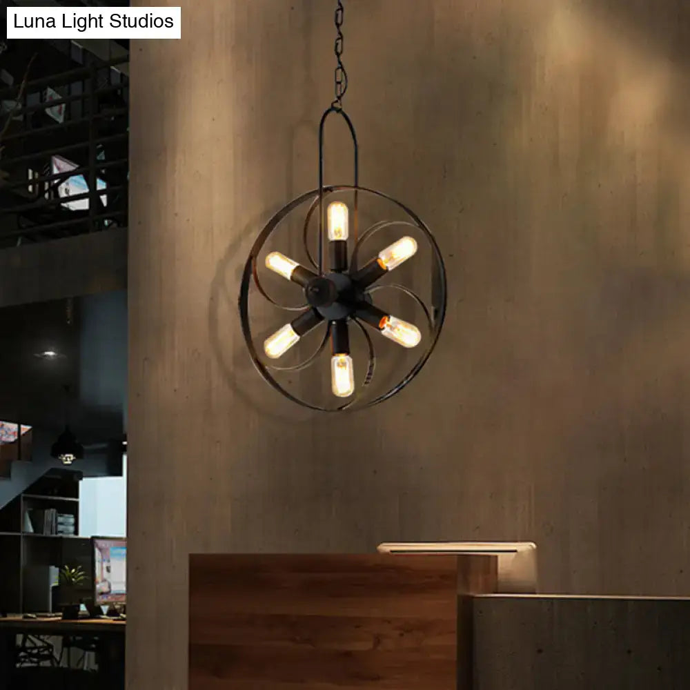 DecorBites™ vintage black metal island light with six exposed Edison bulbs starburst for dining room 18 inch fixture