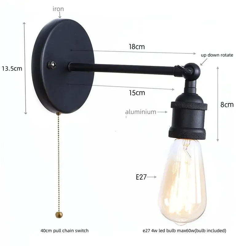 Industrial vintage black wall light with black iron and aluminum featuring a vintage edison bulb by decorbites led wall