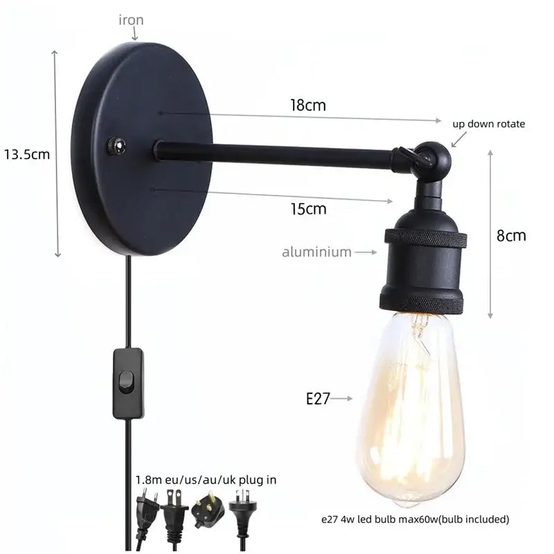 Industrial vintage black wall light with black iron and aluminum decorbites led wall sconce featuring vintage edison bulb