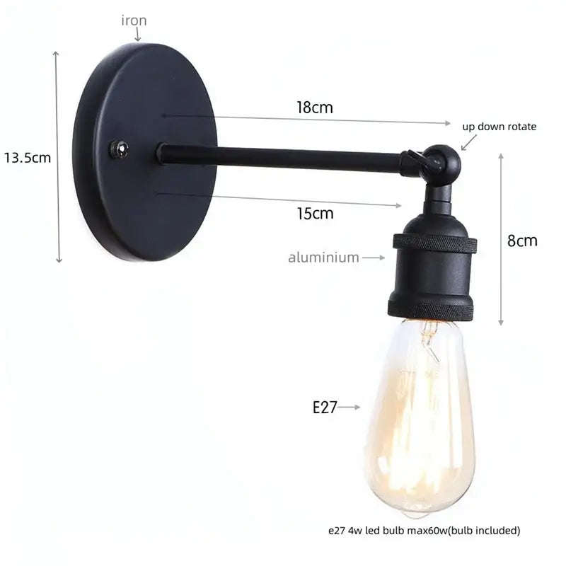 Industrial vintage black wall light made of black iron and aluminum with vintage edison bulb for decorbites led wall use