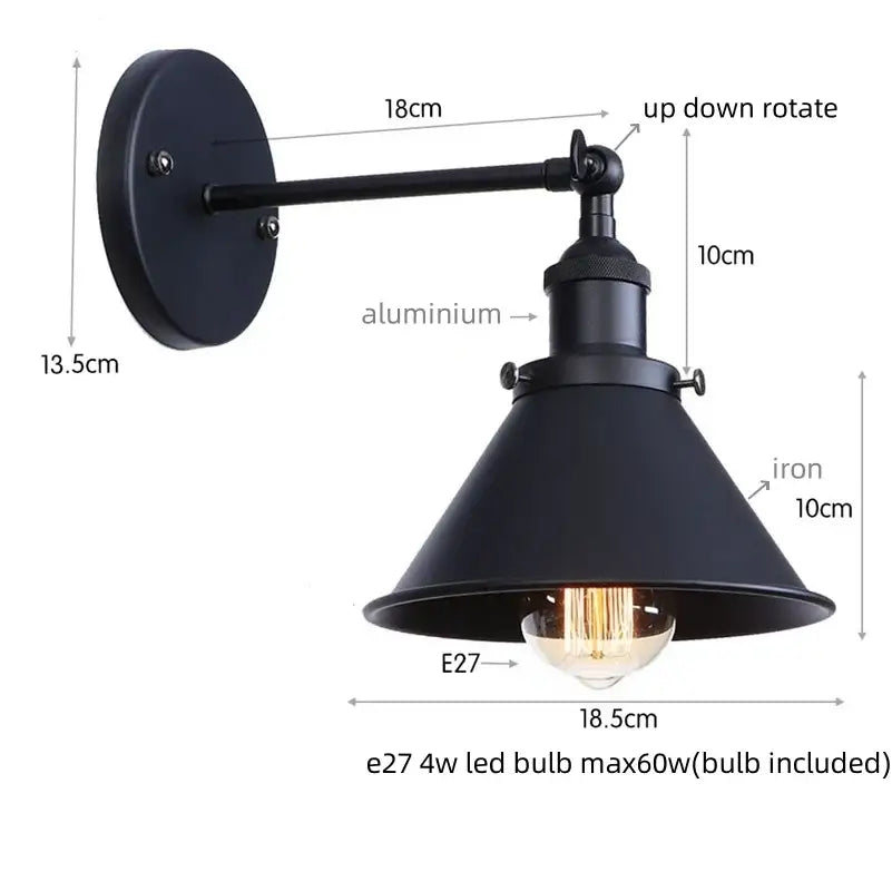 Black industrial vintage wall light with adjustable arm and iron conical shade for decorbites led wall bathroom sconce