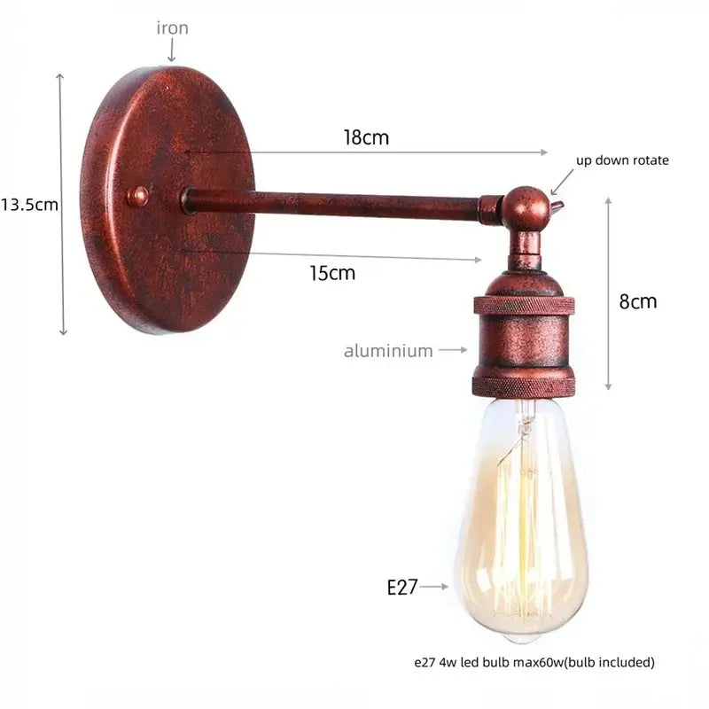 Industrial vintage black wall light with rusted iron backplate aluminum arm vintage edison bulb decorbites led wall