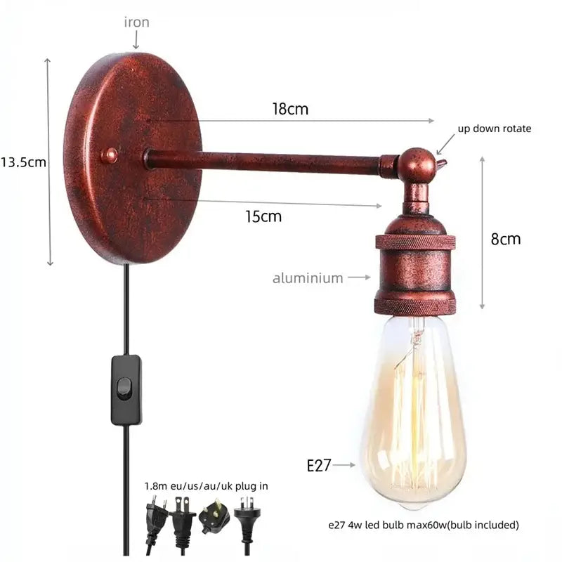 Industrial vintage black wall light bathroom led sconce with rusted iron backplate aluminum arm decorbites led wall