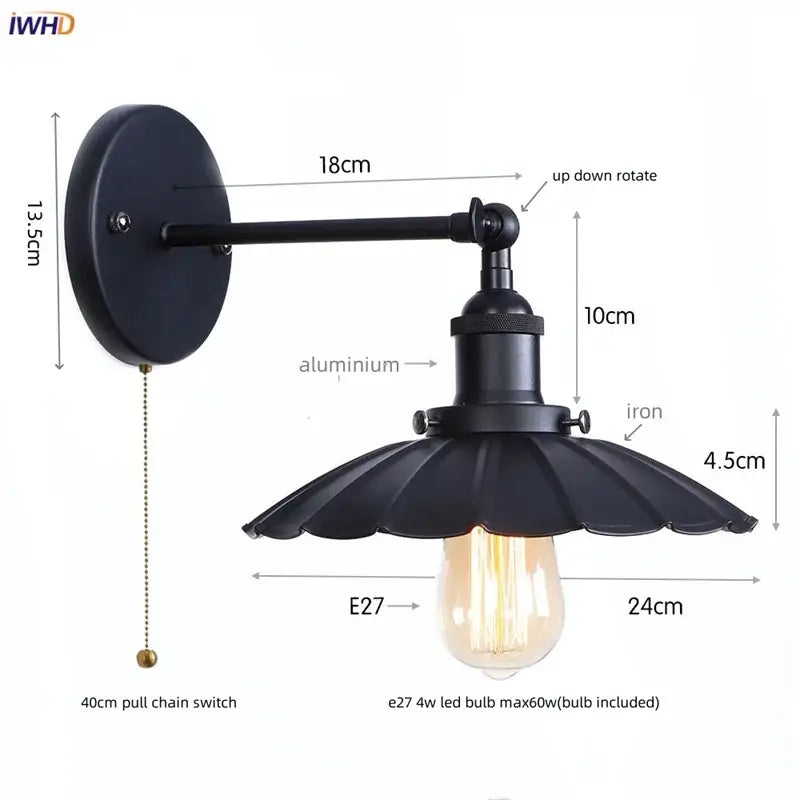 Industrial vintage black wall light with wrought iron and aluminum fluted shade e27 socket for decorbites led wall use