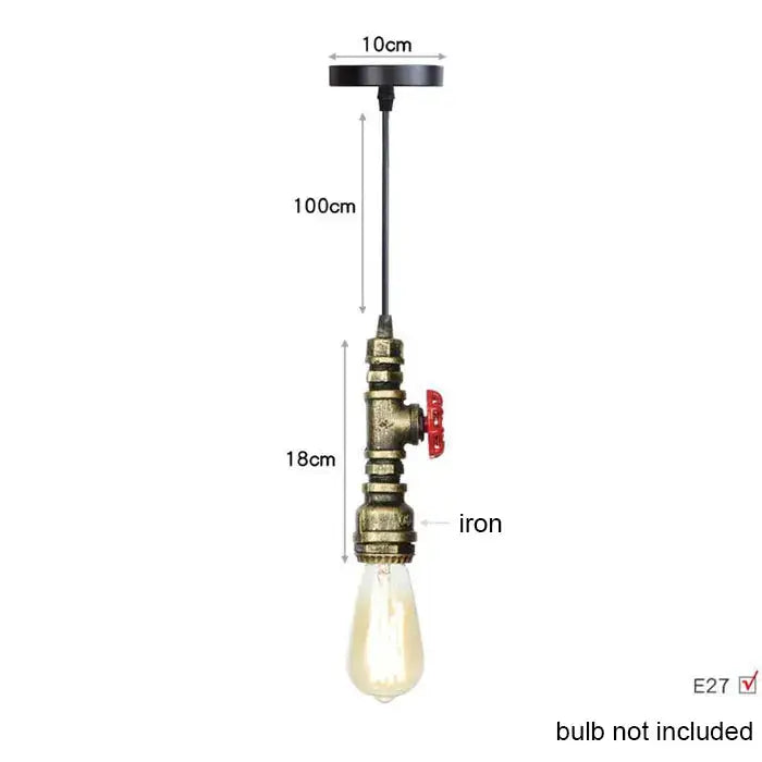 Industrial vintage brass and black pipe pendant light fixture with red valve handle and exposed edison bulb for kitchen use
