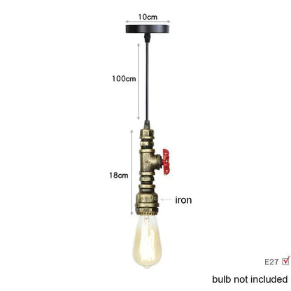 Industrial vintage brass and black pipe pendant light fixture with red valve handle and exposed edison bulb for kitchen use
