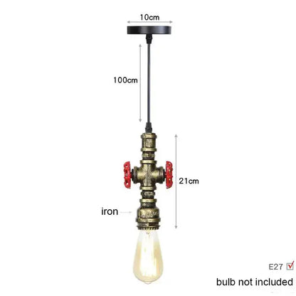 Industrial vintage brass and black pipe pendant light fixture with red valve accents and vintage bulb socket for kitchen use