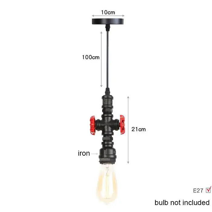 Industrial vintage brass and black pipe pendant light fixture with black iron, red valve accents and vintage edison bulb