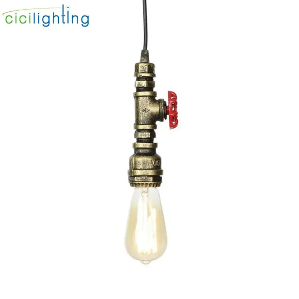 Industrial vintage brass and black pipe pendant light fixture with red valve handle and exposed Edison bulb for kitchen use