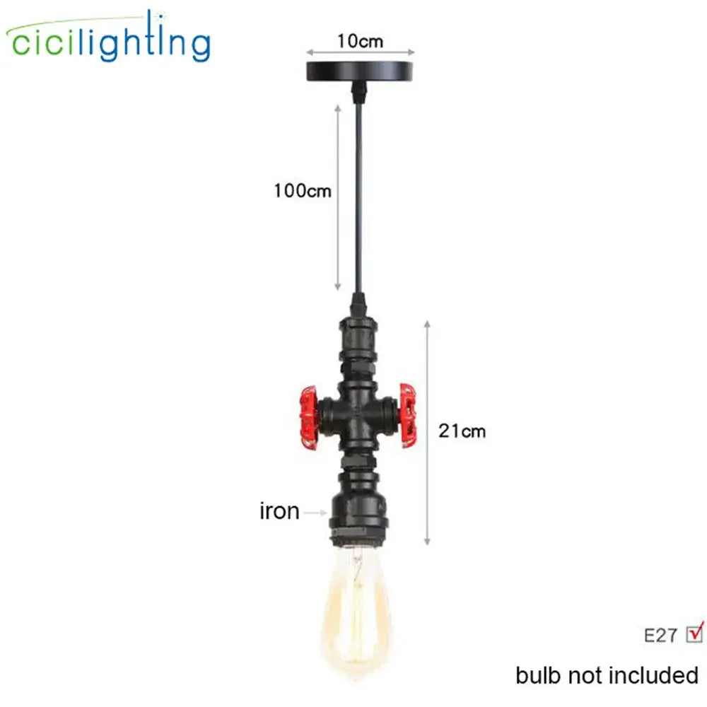 Industrial vintage brass and black pipe pendant light fixture with black iron and red valve accents for kitchen use