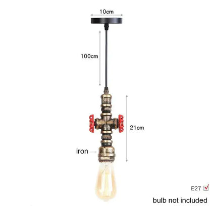 Industrial vintage brass and black pipe pendant light fixture with iron body red valve accents and exposed edison bulb