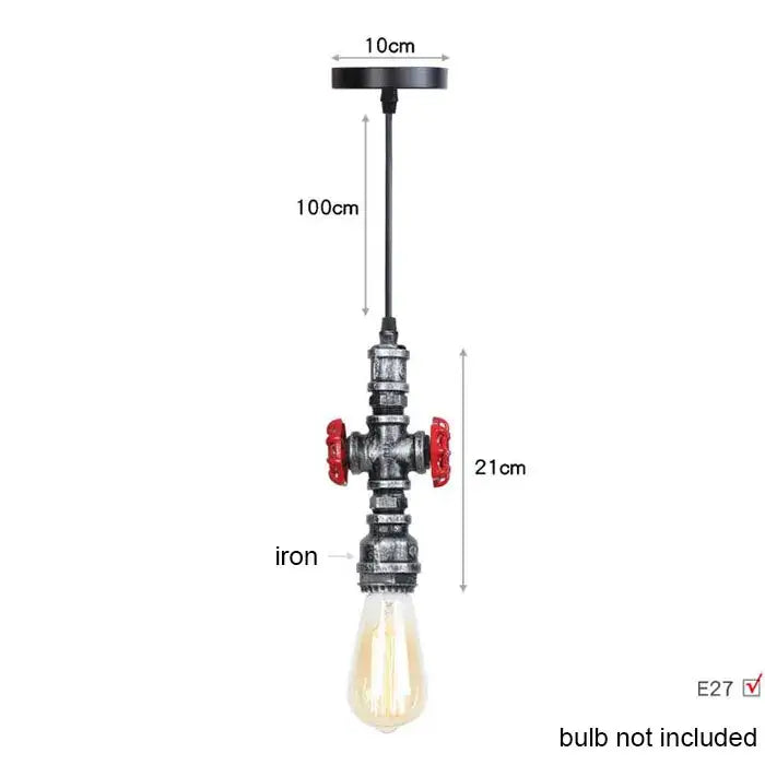 Industrial vintage brass and black pipe pendant light fixture with iron and red valve accents for kitchen use