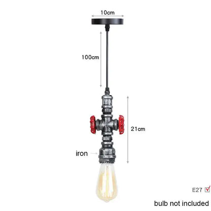Industrial vintage brass and black pipe pendant light fixture with iron and red valve accents for kitchen use