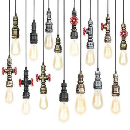 Industrial vintage brass and black pipe pendant light fixture with red valve accents and exposed edison bulbs for kitchen use