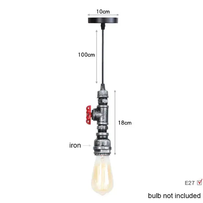 Industrial vintage brass and black pipe pendant light fixture with red valve and exposed edison bulb for kitchen use
