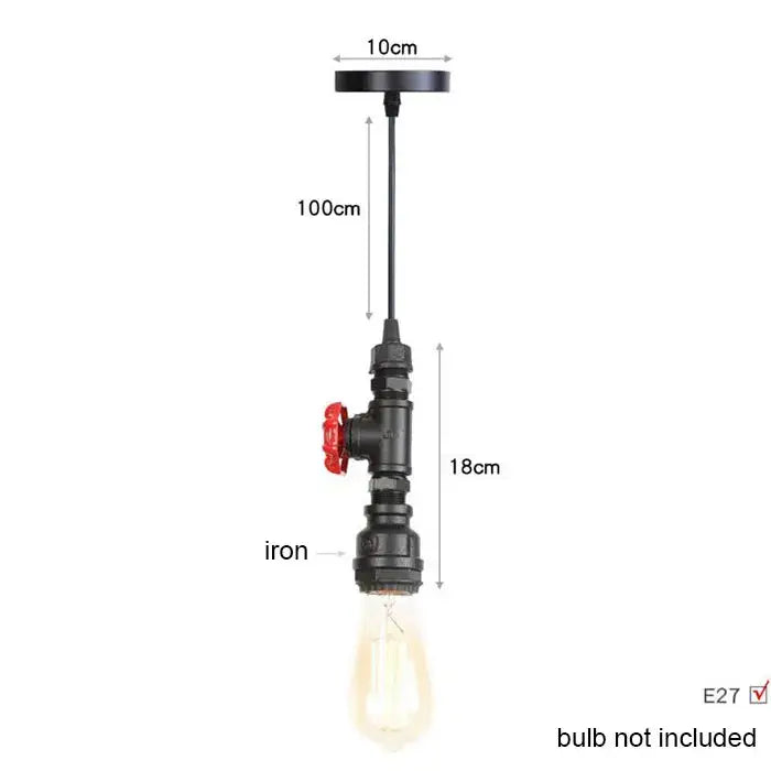 Industrial vintage brass and black pipe pendant light fixture with red valve handle and exposed edison bulb for kitchen