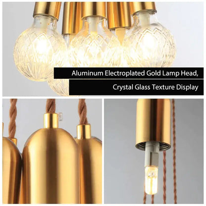 Gold electroplated aluminum industrial vintage pendant light with crystal glass texture for dining room decorbites set of 2