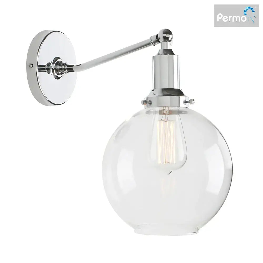 Chrome finished industrial vintage wall sconce with clear glass globe and exposed filament bulb by decorbites