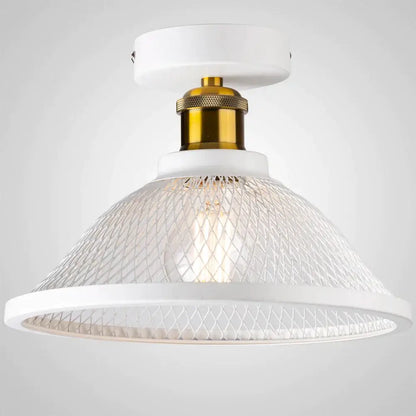 White industrial vintage cage ceiling light with gold-toned fixture and mesh shade by decorbites for kitchen decor