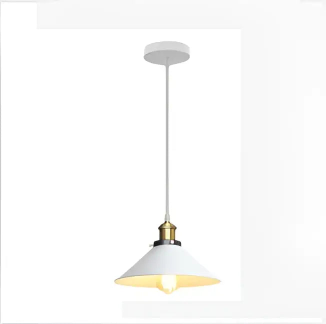 White pendant light with brass-finished fixture and conical shade in decorbites industrial vintage chandelier design