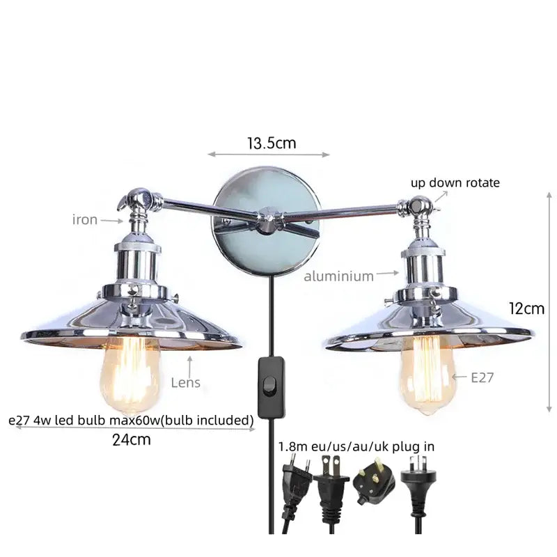 Industrial vintage double chrome wall light with adjustable arms and vintage edison bulbs for decorbites industrial vintage decor