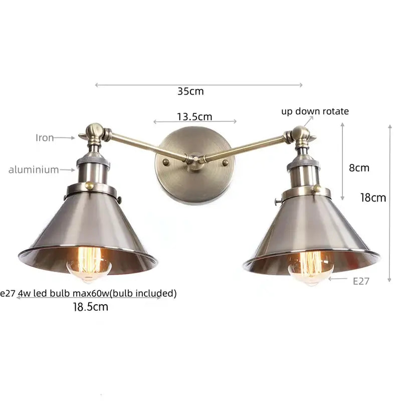 Industrial vintage double wall light with brushed brass finish and conical metal shades for bedroom reading decorbites industrial vintage