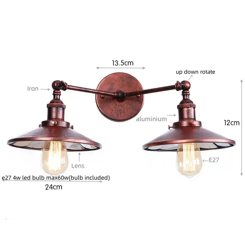 Industrial vintage double copper wall light with two adjustable arms and exposed edison bulbs for bedroom reading decorbites wall light