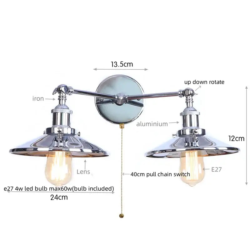 Chrome-finished industrial vintage double copper wall light with two adjustable arms and vintage edison bulbs for decorbites industrial vintage decor